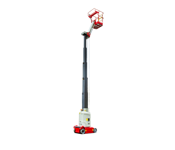 MEC MME30-RJ vertical mast lift raised, with a dark telescoping mast, a short jib, a red platform and a red and white base