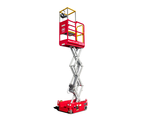 MEC NANO10-XD compact electric scissor lift raised, with silver scissor arms, a red base and a red platform with a yellow gate
