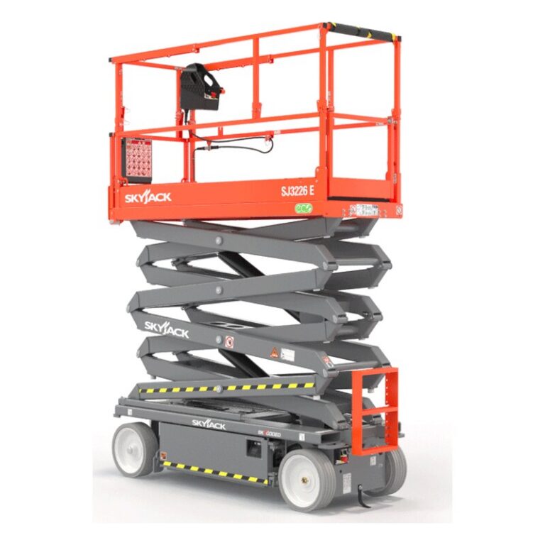 Skyjack SJ3220 E electric scissor lift stowed, with gray scissor arms, a gray chassis and an orange platform