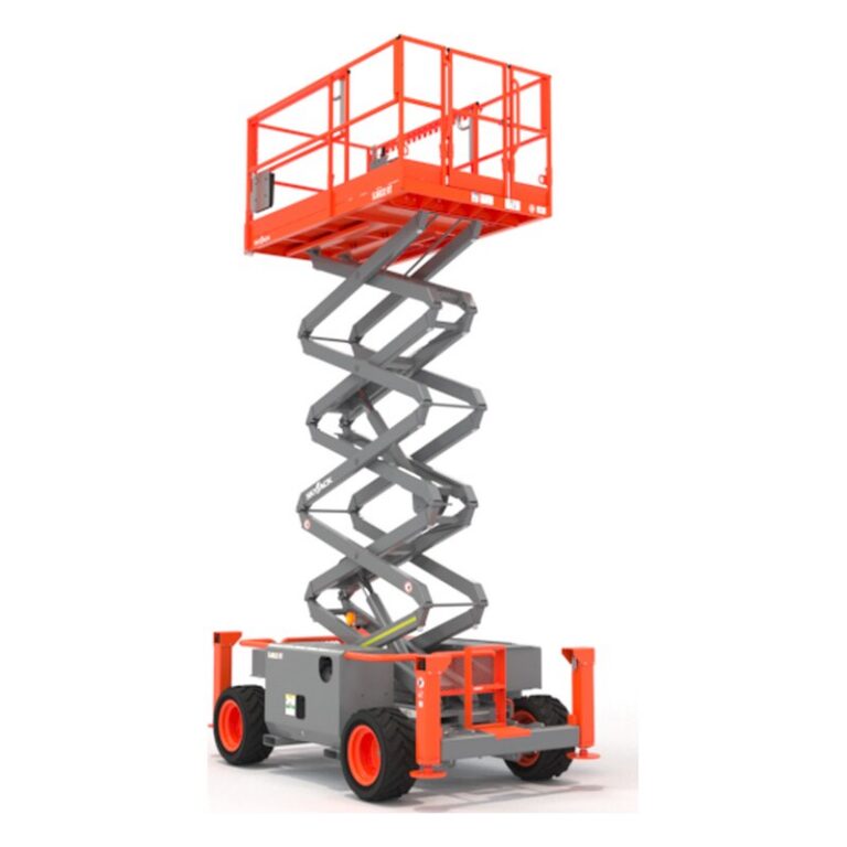 Skyjack SJ6832 RT rough terrain scissor lift raised, with gray scissor arms, an orange platform and an orange four-wheel-drive chassis