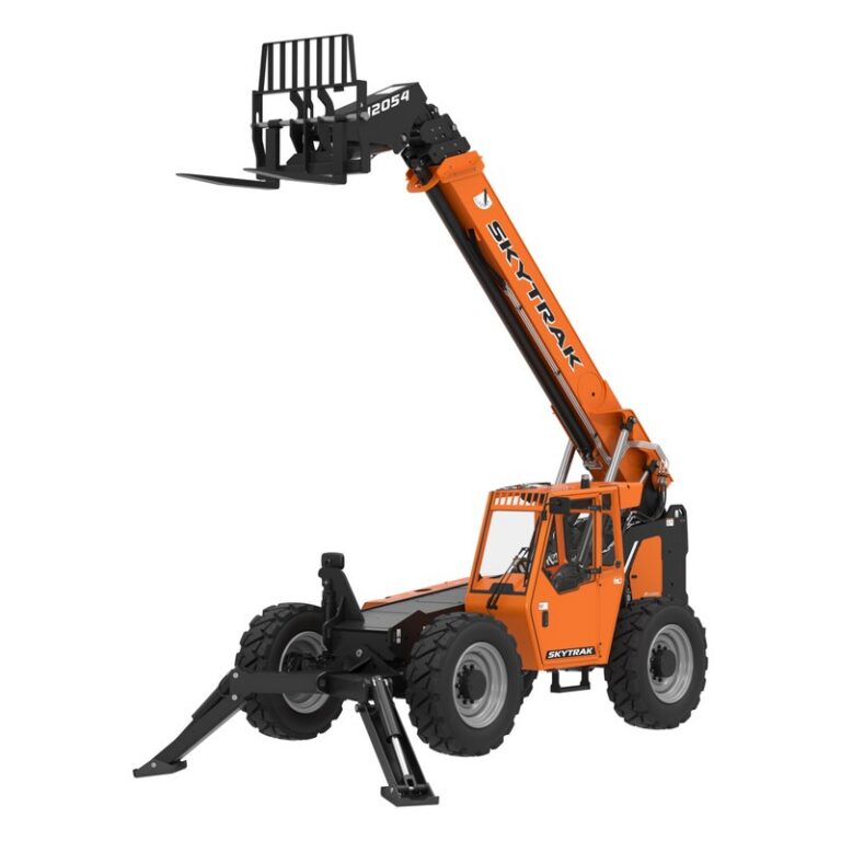SkyTrak 12054 telehandler with its orange boom raised, forks attached and front stabilizers lowered