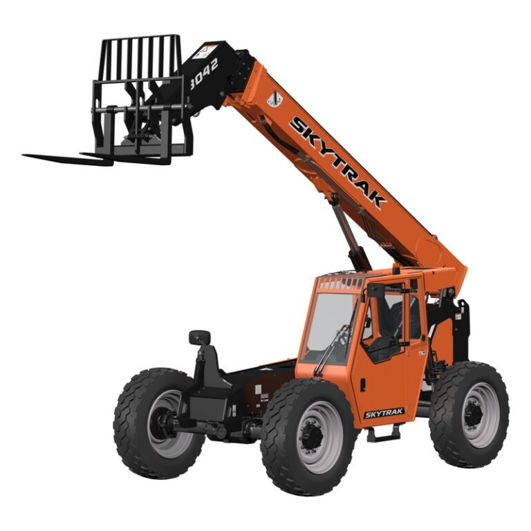 SkyTrak 8042 telehandler with its orange boom raised, forks attached and an enclosed cab