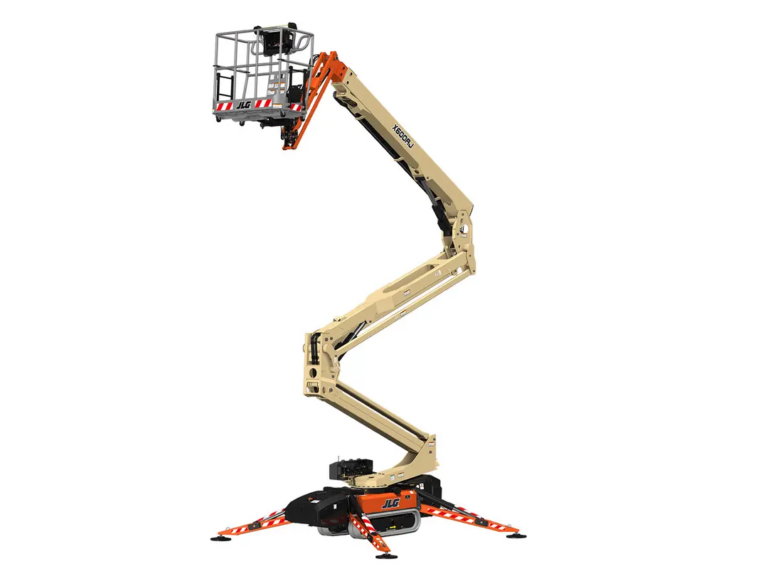 JLG X600AJ compact crawler boom lift on rubber tracks with its outriggers deployed and articulating boom raised