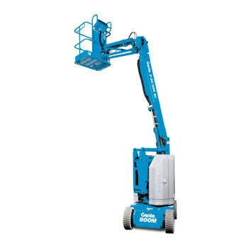 Genie Z-30/20N RJ electric articulating boom lift with its boom and rotating jib raised above a compact blue chassis