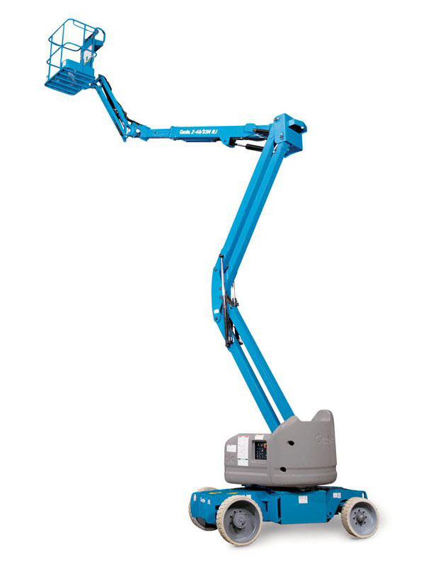 Genie Z-40/23N RJ electric articulating boom lift with its boom raised and rotating jib extended to the side