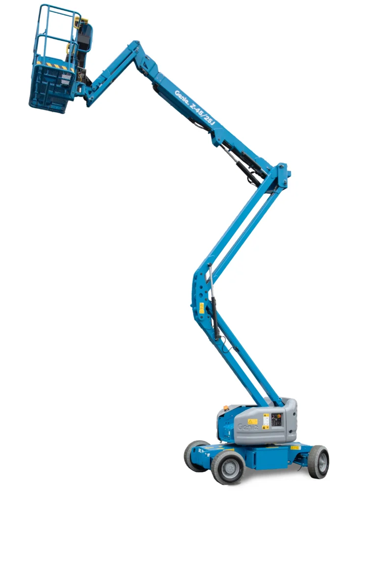 Genie Z-45/25J articulating boom lift with the boom raised and jib extended, platform basket turned out to the side