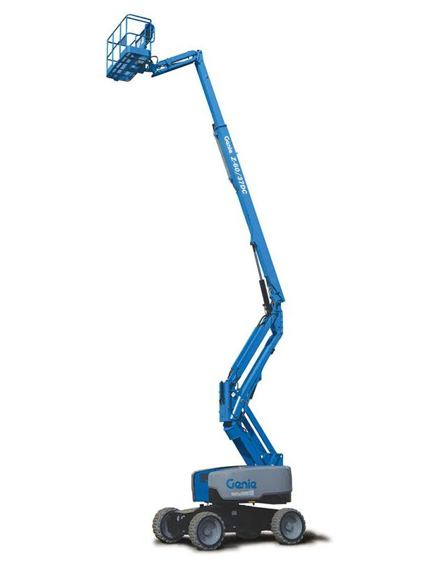 Genie Z-62/40 articulating boom lift with its boom raised and jib extended above a four-wheel-drive rough terrain chassis
