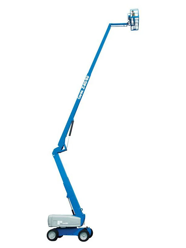 Genie Z-80/60 articulating boom lift with its boom extended to full height and the platform basket at the top